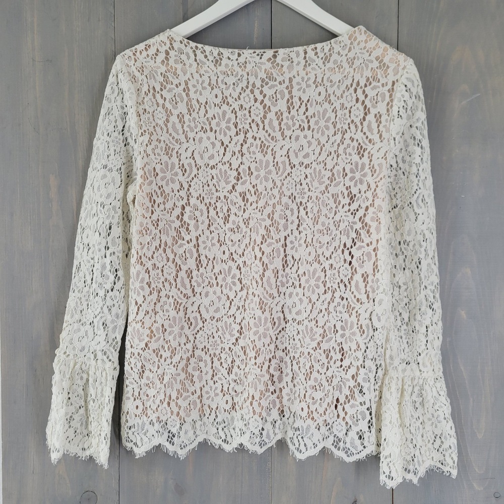 Rose + Olive Lace Blouse Women Size S Ivory Bell Sleeve Romantic Coquette - Picture 2 of 9